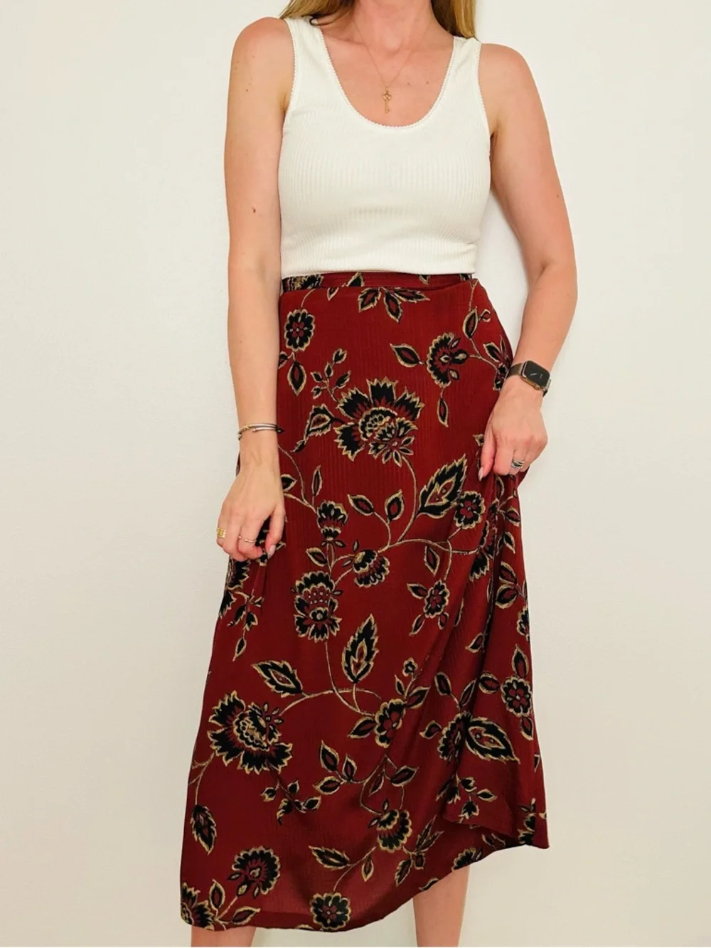 Vintage Jones New York 100% Silk Floral Maxi Skirt Red Black Boho Size 14 - Picture 1 of 10